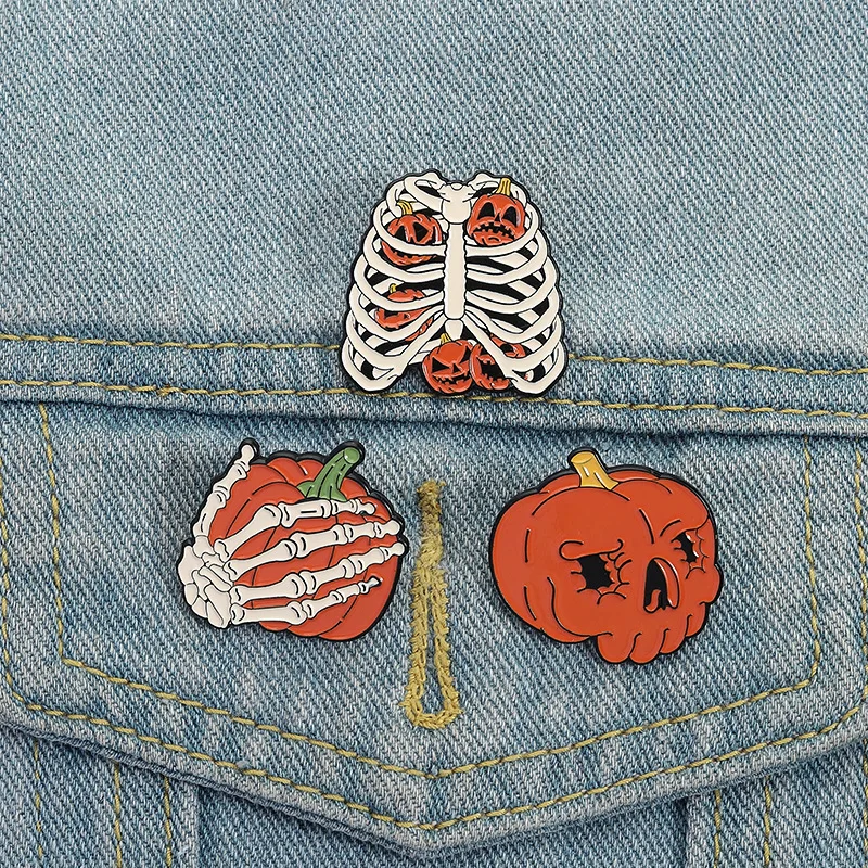3pcs Halloween Pumpkin & Skeleton Enamel Pin Set Rib Cage Jack-O-Lantern Brooches for Backpack Clothing Jewelry