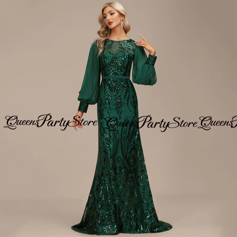 Emerald Green Mermaid Mother of The Bride Dress Puff Sleeves Scoop Neck Shinny Sequin Wedding Guest Gown Evening Party Dresses