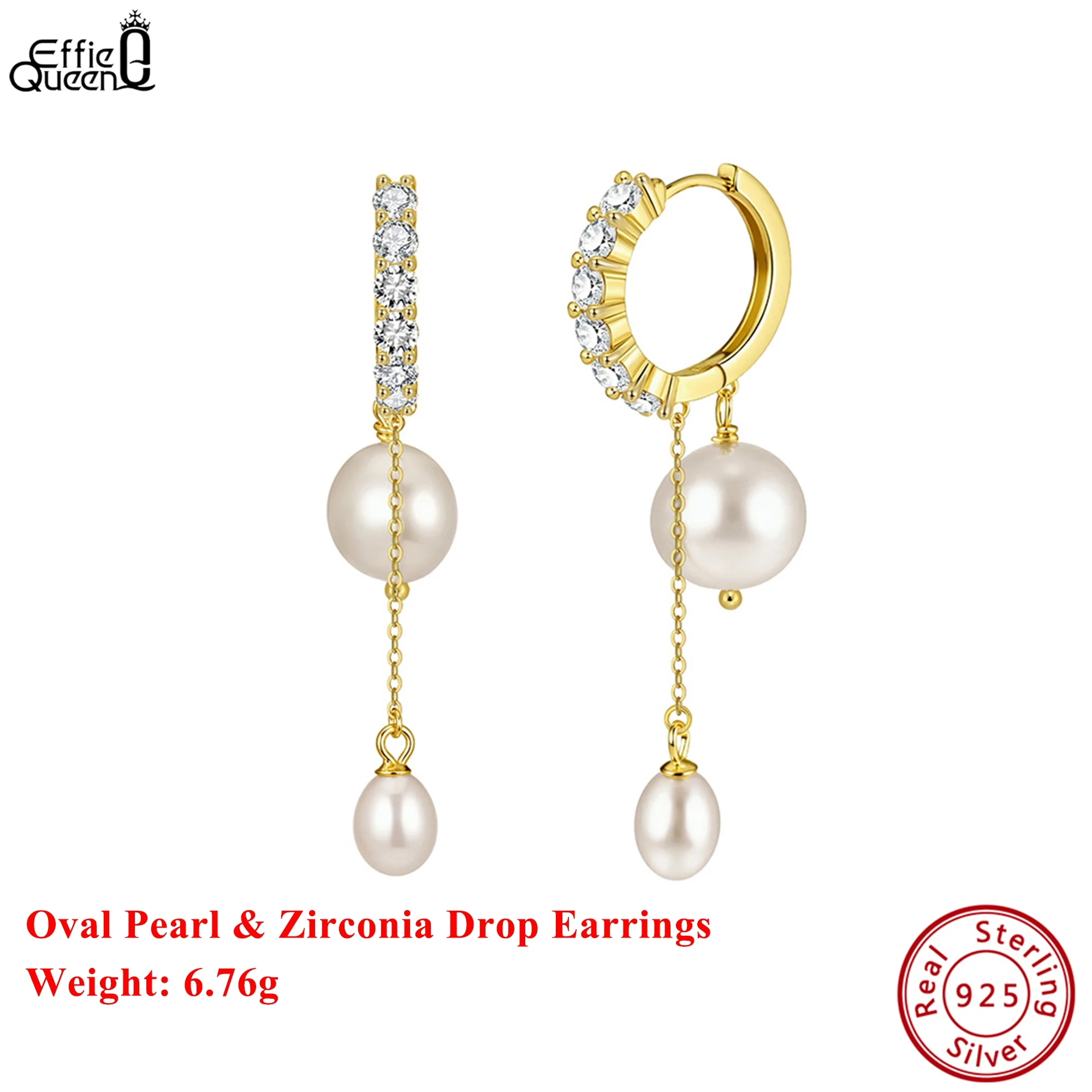 

Effie Queen 925 Pure Silver 14k Gold Round Freshwater Pearl Dangle Earrings Plus Zirconia Natural Jewelry for Women Gift GPE126