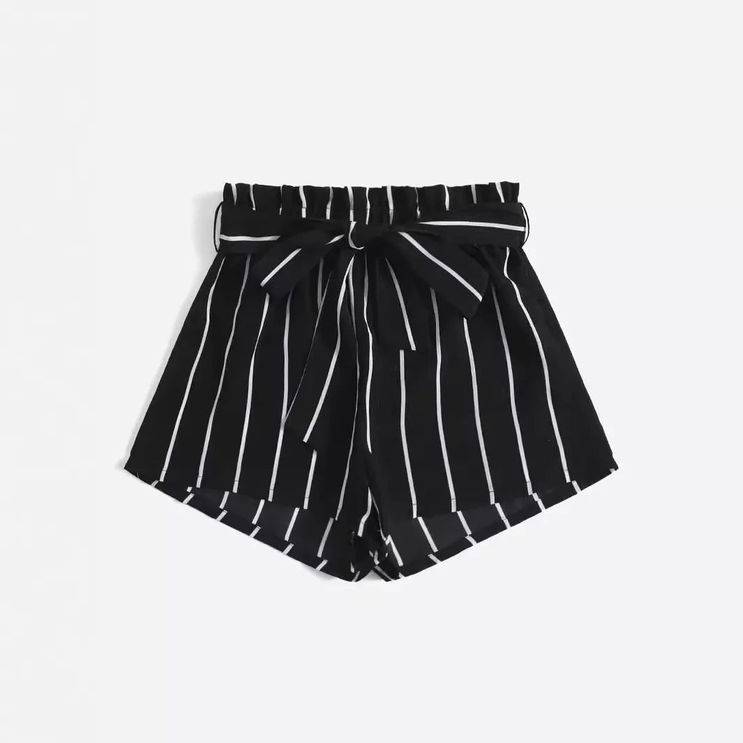 Women\'s Boxer Shorts with Tie Waist Paperbag Waist Black and White Striped Shorts Summer Vacation Beach Outfit