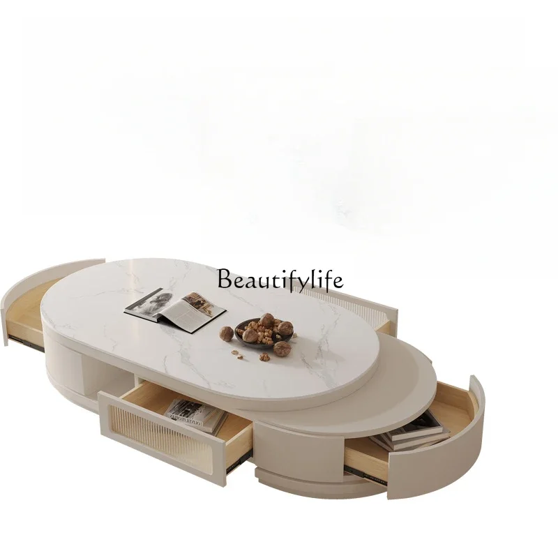 * طاولة قهوة بلاطة صخرية قابلة للسحب لغرفة المعيشة طاولة قهوة بيضاوية منزلية #2