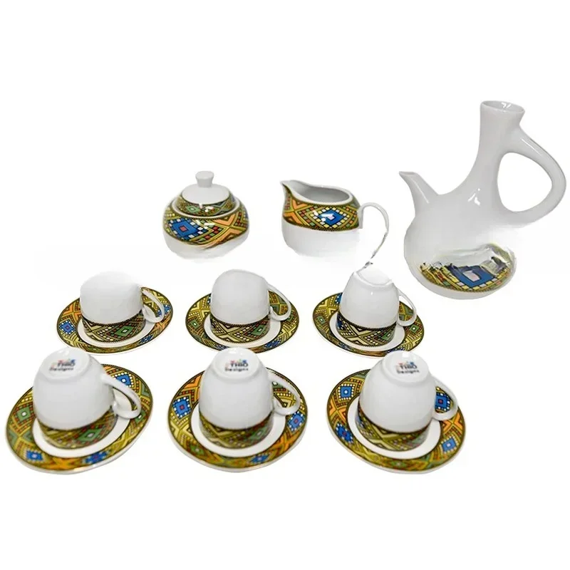 For Ethiopian Eritrean Coffee Cups Edition Full Set 17pcs Comes with 6 Cups 6 Saucer Coffee and Sugar+milk Pot