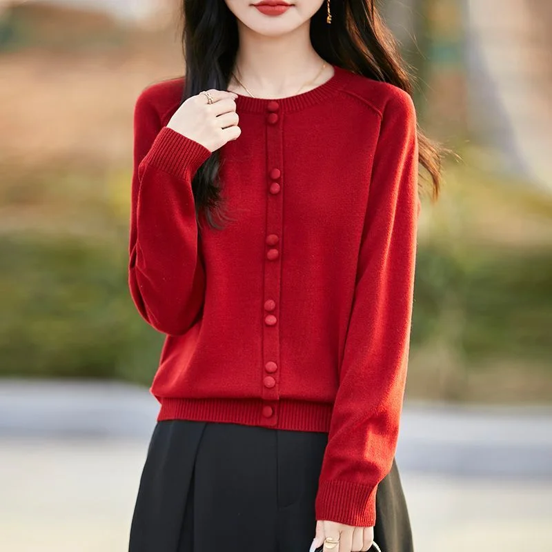 

Осенне-зимний новый однотонный вязаный базовый свитер с круглым вырезом для женщин, свободный и повседневный элегантный свитер с длинными рукавами