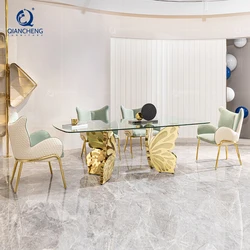 nordic new style luxury ss dinning room table and 6 chairs with metal gold legs stainless base glass dining table