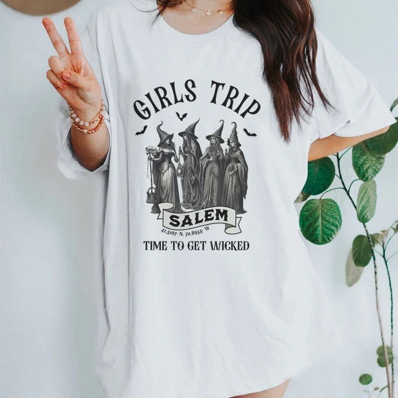 Girls Trip Salem T-shirt Cute Funny Witch Tee Shirt Short Sleeve Spooky Season T Shirt Women Vintage Fall Halloween Top Clothes