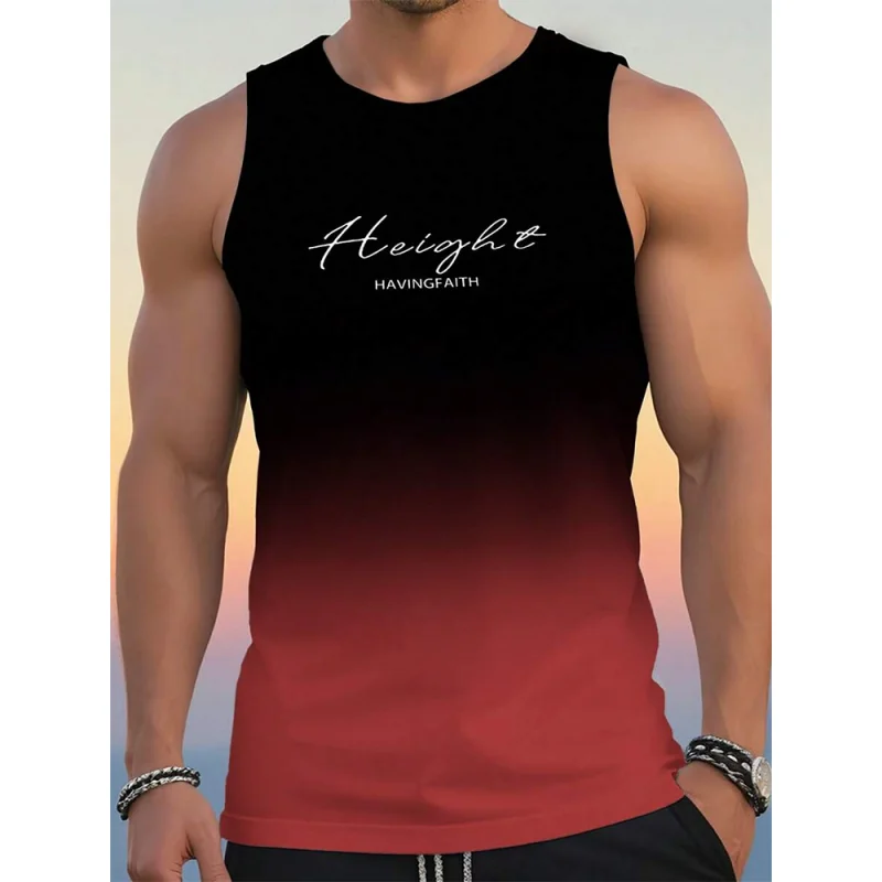 

Fashion Letter Gradient Print Men's Tank Top Summer Run Fitness Sports Tees Casual O-neck Loose Sleeveless Shirt Gym T-shirt Man