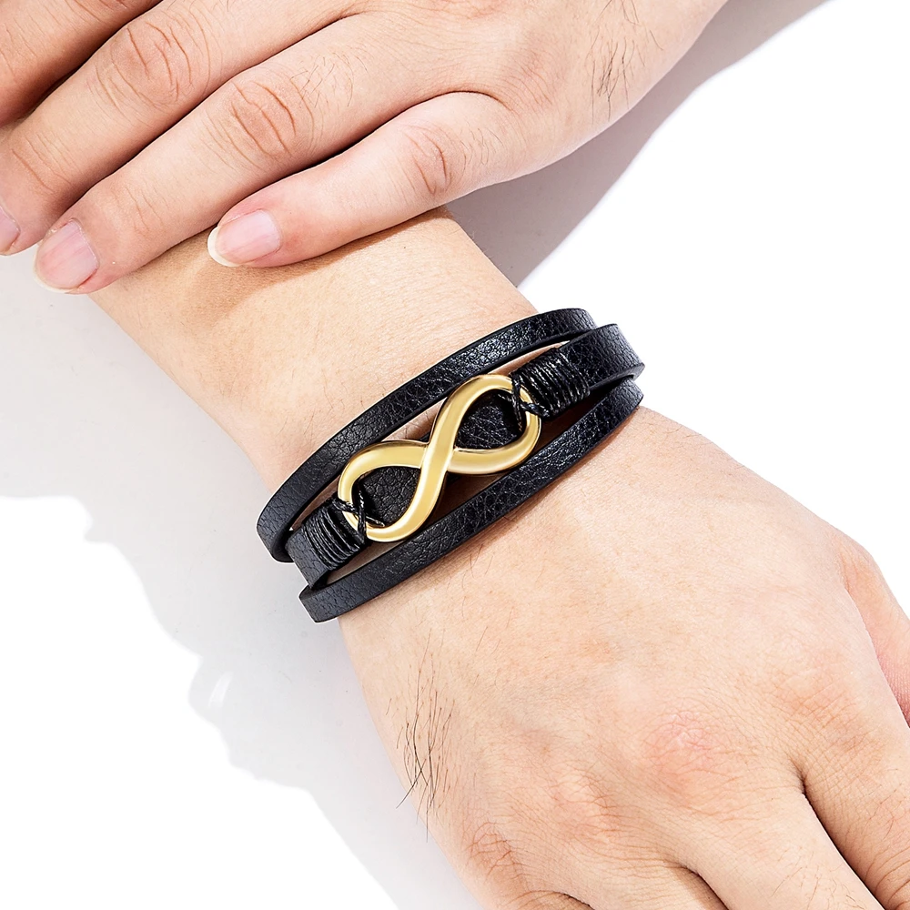 TYO Multilayer 8 Shape Infinite Symbol Men Bracelet Leather 3 Colors Metal Stainless Steel Magnetic buckle Jewelry Bangle Gift