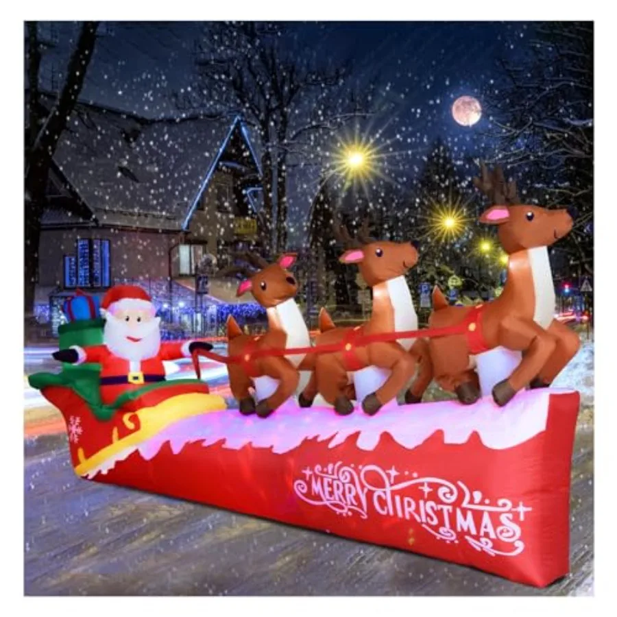 

Yard decoration: inflatable Santa Claus on sleigh with 3 reindeer, PVC material, red and white, built-in LED lights, 10FT heigh