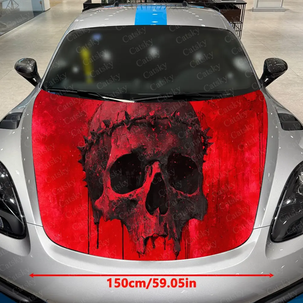 Vibrant Red Splatter Skull Car Vinyl Wrap, PVC Waterproof Car Hood Sticker, Self-Adhesive Scratch-Resistant Stickers