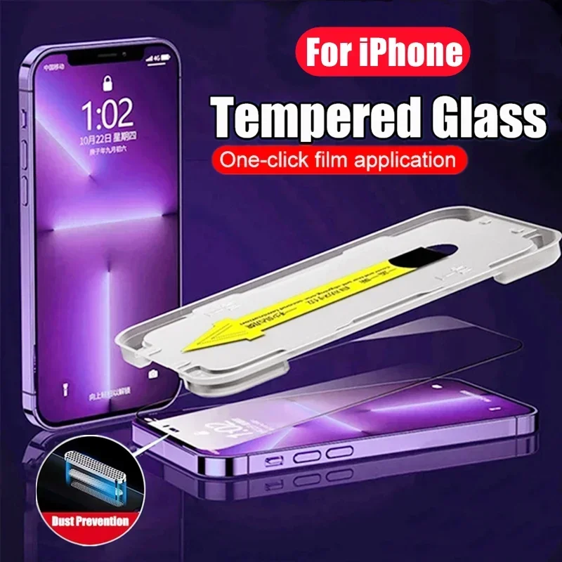 One-click Installation Full Cover Screen Protector for iPhone 14 11 12 15 13 Pro Max Mini X XR XS MAX 7 8 Plus HD Tempered Glass