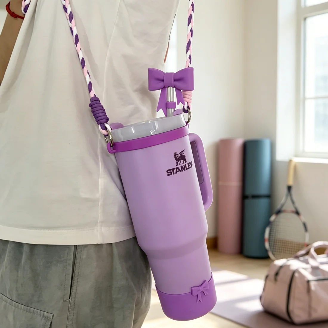 Water Bottle Hand-Woven Lanyards Silicone Cup Sling, Carrier, Holder with Strap Compatible with Owala & Stanley Cups for Outdoor