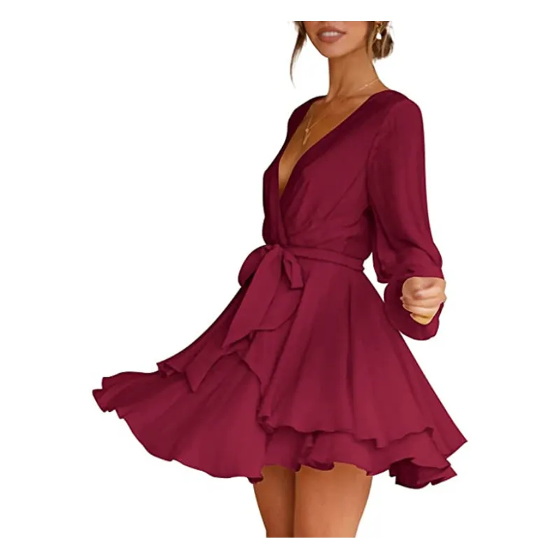 

Spring Autumn Elegant Sexy Deep V-neck Long Sleeve Lace Up Double Layer Irregular Mini Dress Women Solid High Waist Dresses
