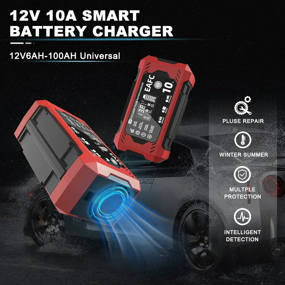 

EAFC 10A Car Battery Charger 12V 8A 6A Car Motorcycle Battery Charging Unit 7 Stages Charging Maintenance AGM Gel Wet Lead Acid