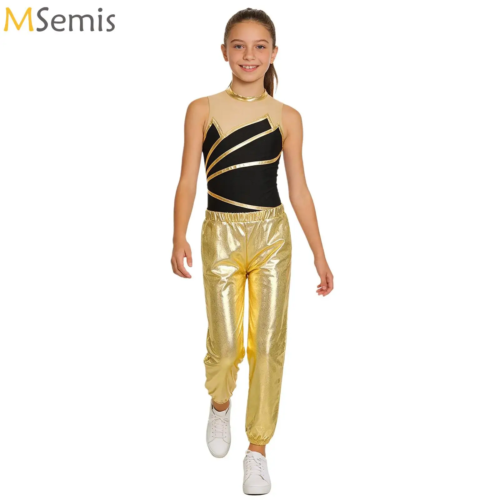 

Children Rhythmic Gymnastics Leotard with Pants Dance Suit for Girl Kids Teens Sleeveless Ballet Dance Leotard Skating Jumpsuits
