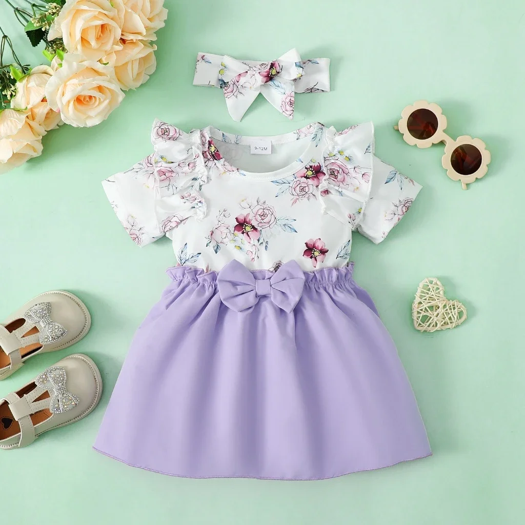 Baby Girl Floral Ruffle Short Sleeve Dresswith Bow+Headwear Fashion Style Birthday Party Dress Summer Wear for Toddler 0-3 Years