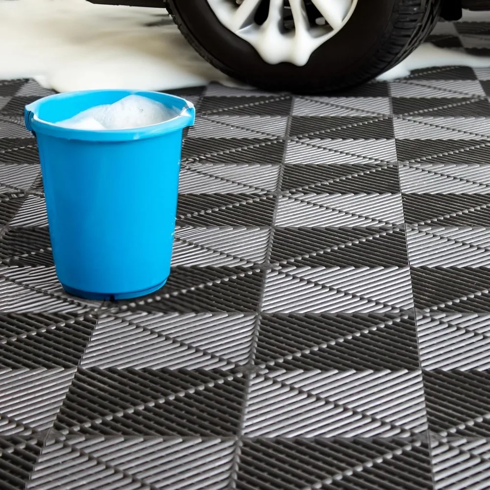 Ribbed Interlocking Garage Tiles - Vented, Self-Draining, Non-Slip, Modular Polypropylene Flooring for Enhanced Safety and Durab
