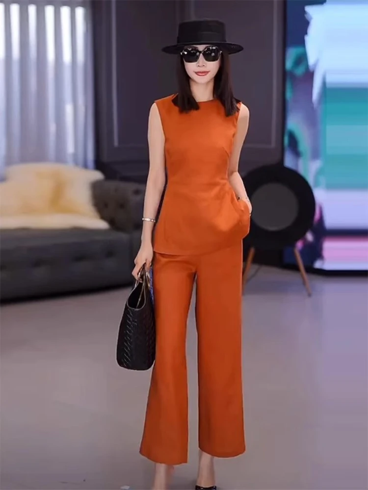 

Комплект Ele для поездок на работу, женские широкие брюки без рукавов, комплект из двух предметов, Новое поступление лета 2025, модный ансамбль