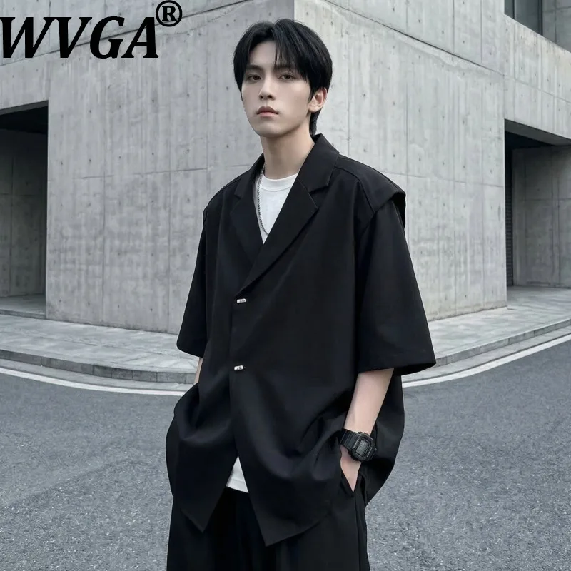 

WVGA Summer New Man Short Sleeved Turn-Down Collar High-end Blazer Niche Chic Casual Fake Two-piece Shoulder Padded Coats W21140
