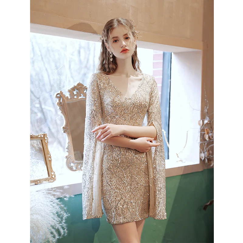 Gold Bling Qipao Sexy Sheath Slim Sequins Women Formal Party Dress V-neck Short Sparkly Stylish Cheongsam Robe De Soiree