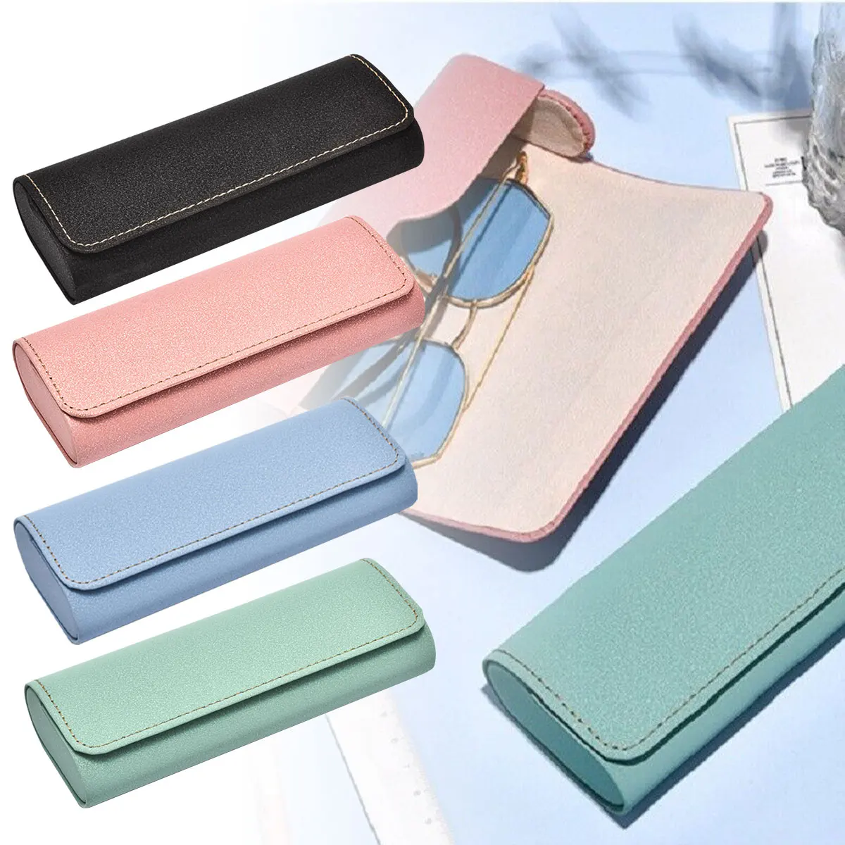 Hot Glasses Case Folding PU Waterproof Simple Leather Soft for Eyeglass Sunglasses lens container Box Purse Eyewear Accessories