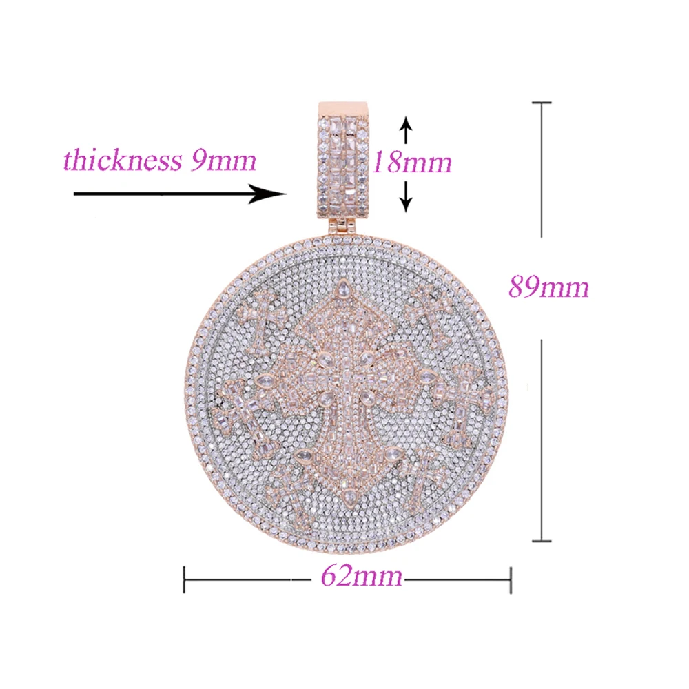 New Iced Out Cross Pendant Necklace Two Tone Color Bling Zircon CZ Heavy Chunky Round Badge Charm Men Fashion Hip Hop Jewelry