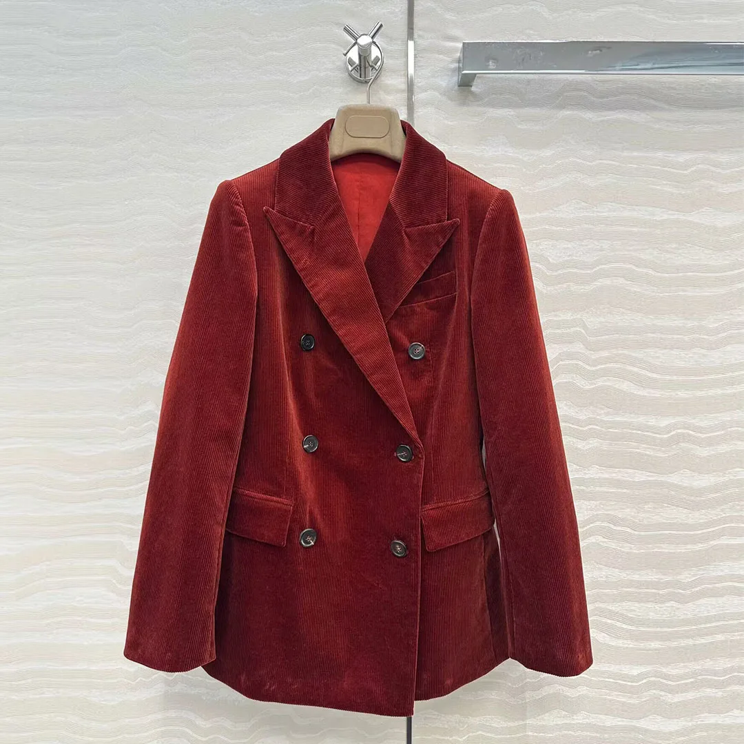 

Vintage Old Money Style Burgundy Corduroy Blazer Jacket Women New Autumn Notched Double Breasted Long Sleeve Office Suit Coat