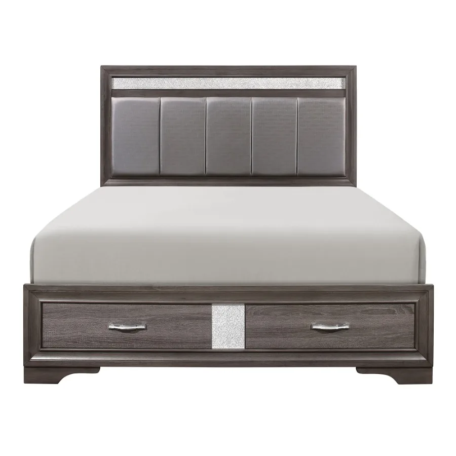 Queen Platform Bed with Footboard Drawers Upholstered Headboard in Gray and Silver Glitter Contemporary Bedroom Furniture