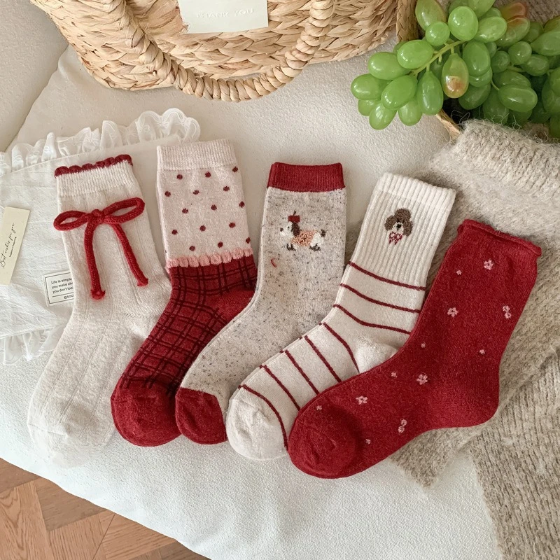 

5 Pairs Autumn Winter Warm Red Wool Women's Socks with Bow Mid-Calf Length Cute Cartoon Thermo New Year Socks Set Fancy Hot Sock