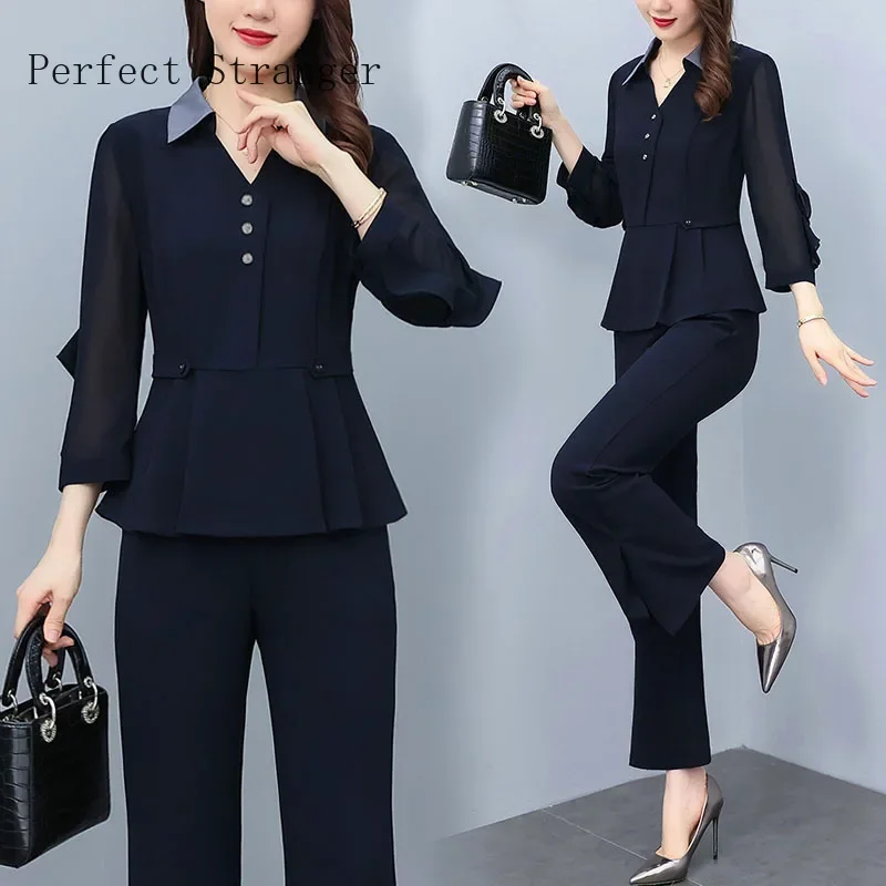 2024 Women Oversize Solid Pants Sets  New Autumn Clothes Elegant V-Neck Long Sleeve Tops High Quality Female 2Pcs Outfits Suits