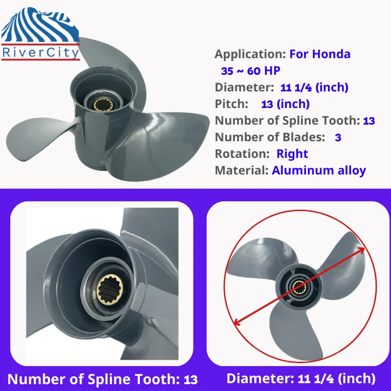 For Honda 35HP 40HP 45hp 50hp 60hp 11 1/4x13 Outboard Propeller Boat Aluminum Alloy Screw 3 Blade 13 Spline Marine Engine