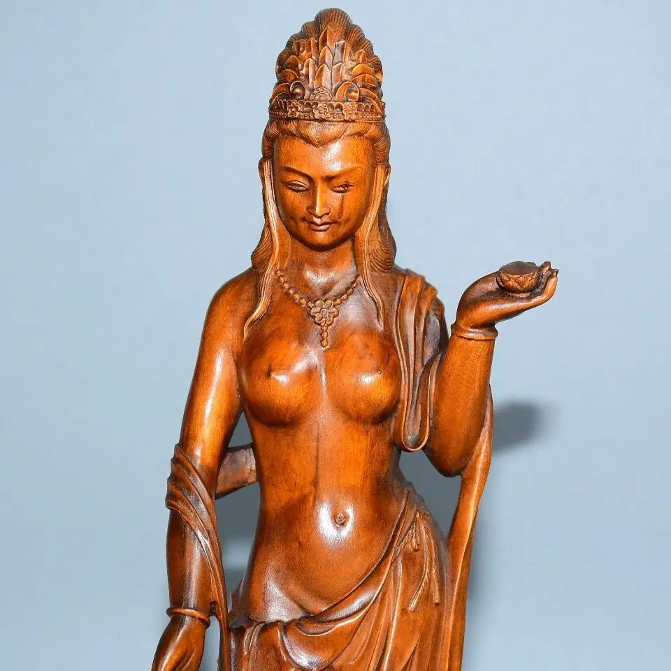 Hand Carved Wood Long skirt with streamers guanyin Statue Figurine Desktop Ornaments Home Decoration