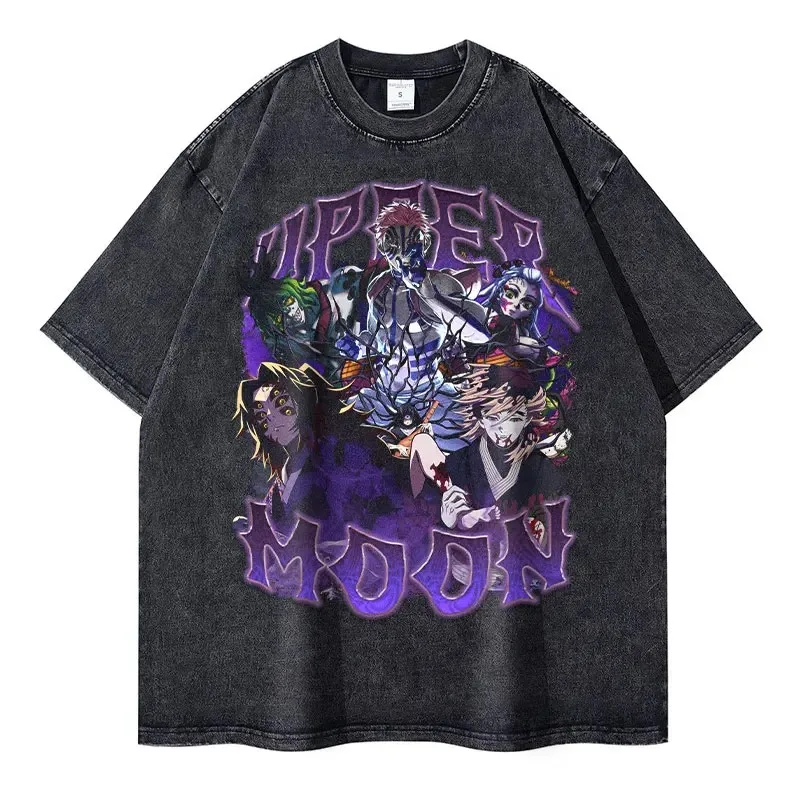 Anime Demon Slayer magliette Vintage Washed Kimetsu T-shirt oversize lavato T-shirt stampa Vintage Hot Stamping 100% cotone