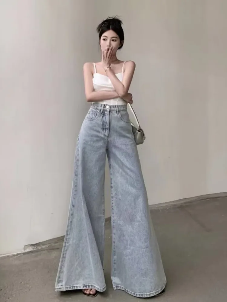 Retro Flared Jeans Women\'s Straight Leg Loose Fitting High Waisted Wide Leg Pants Slimming And Casual Floor Mop Pants Long Pants