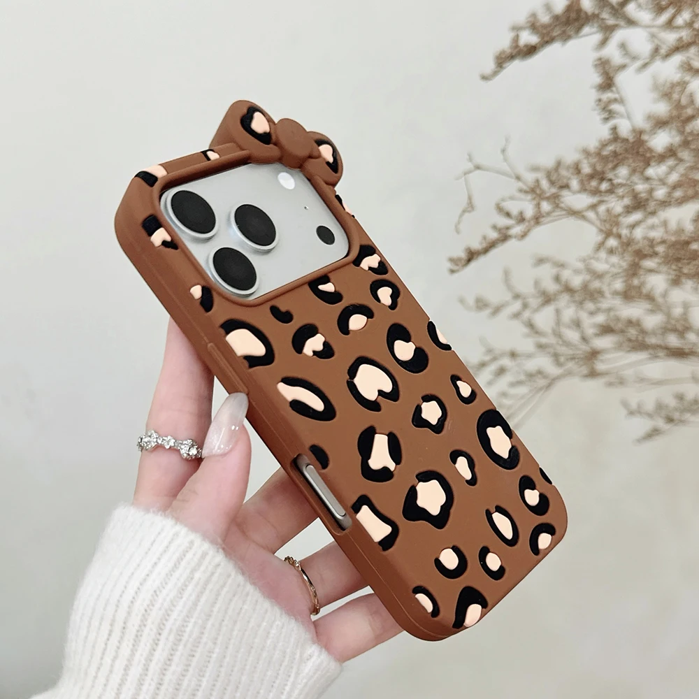 3D-Handyhülle aus weichem Silikon mit Leopardenmuster und Schleife für iPhone 16 17 Pro Max, lustige Cartoon-stoßfeste Rückseite – Detail 8