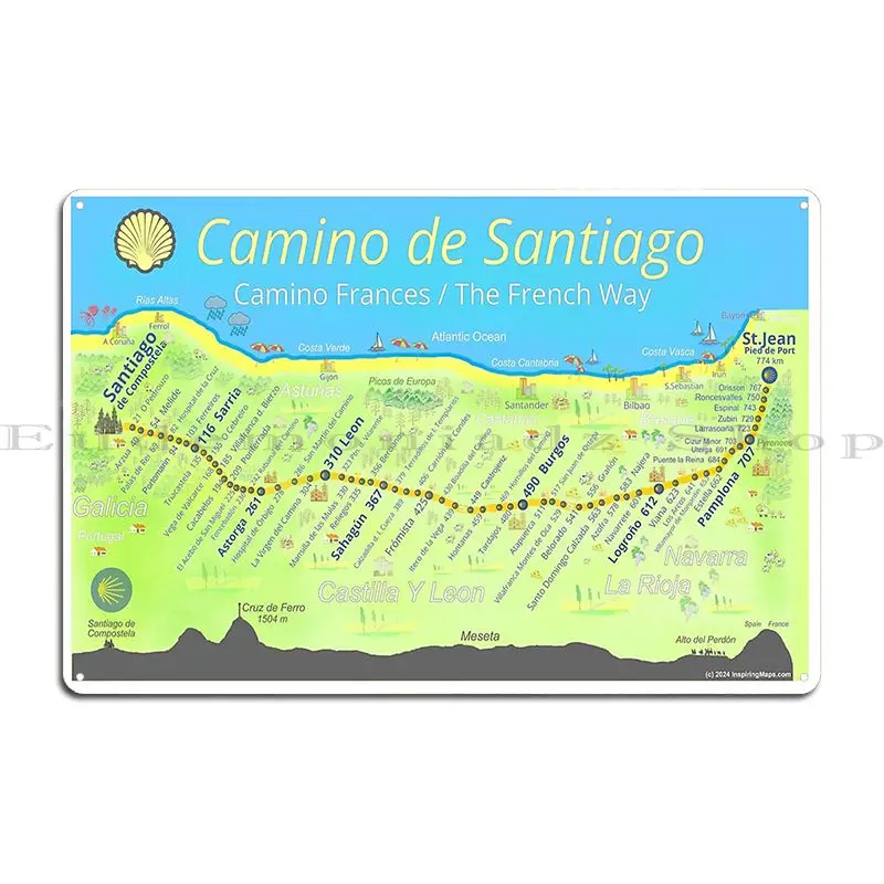 Map Of The Camino De Santiago Metal Plaque Poster Living Room Customize Create Garage Cinema Tin Sign Poster