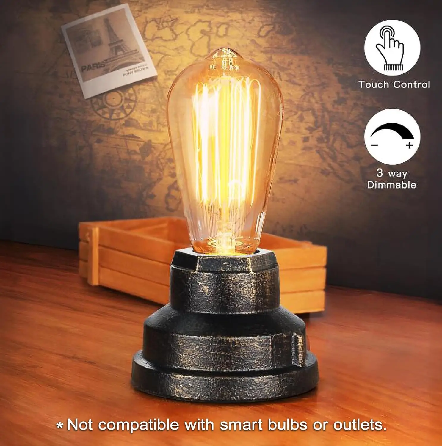 Lámpara de mesa industrial con control táctil, luz de mesita de noche con bombilla Edison regulable, acento Steampunk vintage para dormitorio y sala de estar