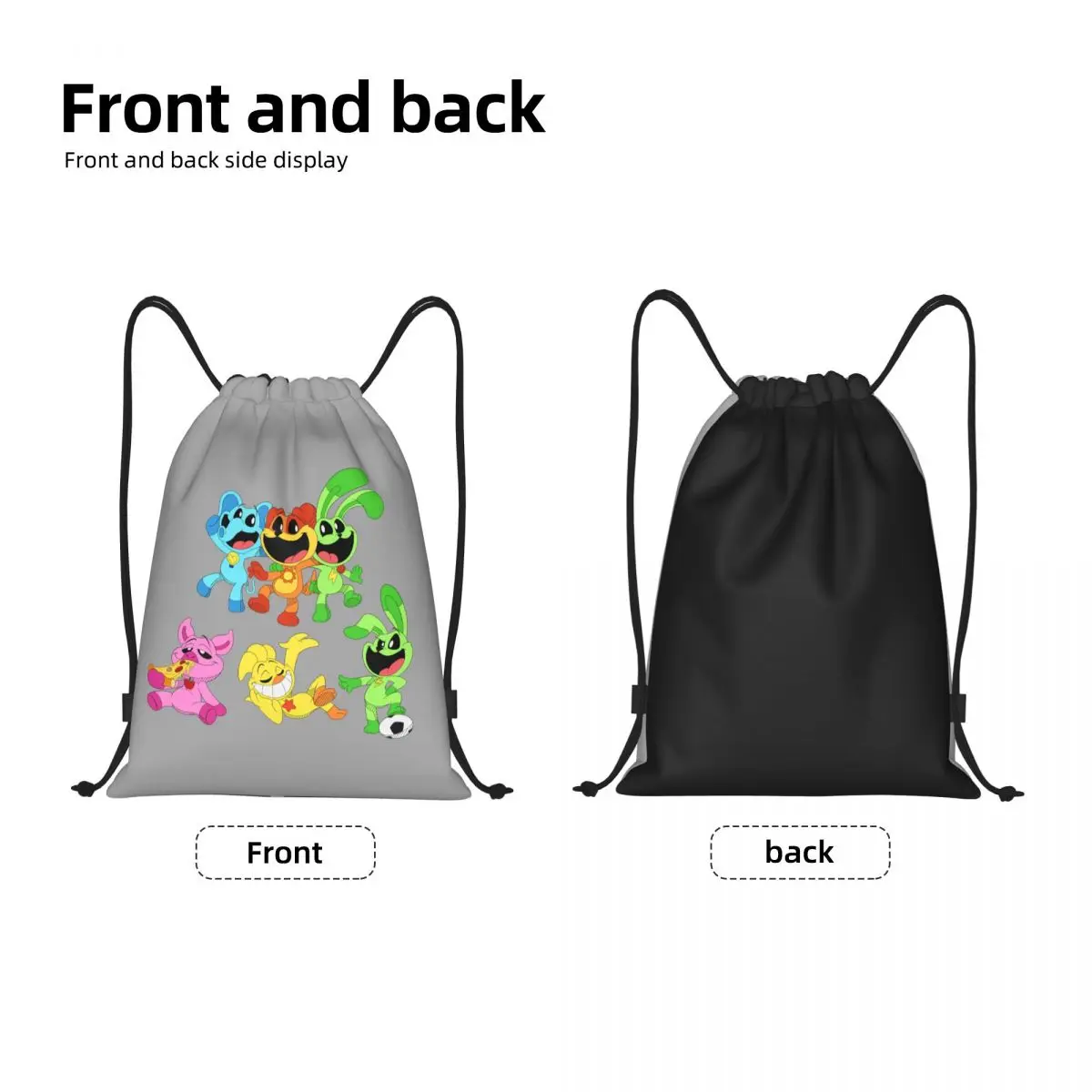 Custom Colorful Smiling Big Mouth Critters Group Drawstring Bags for Training Yoga Backpacks Scarry Animated Game Gym Sackpack