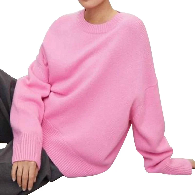 Women's 2024 Loose Soft Knitted Top Casual Fashion Solid Color Crewneck Sweater One Size Winter