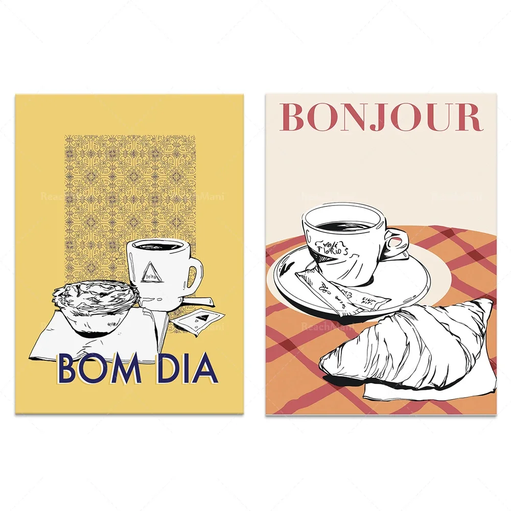 BOM DIA Portuguese coffee poster wall art, French croissant, modern kitchen living room gourmet home decoration canvas print