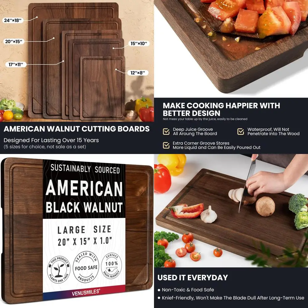 

Большая двусторонняя разделочная доска из черного ореха 20x15 с глубокой канавкой для сока и боковыми ручками