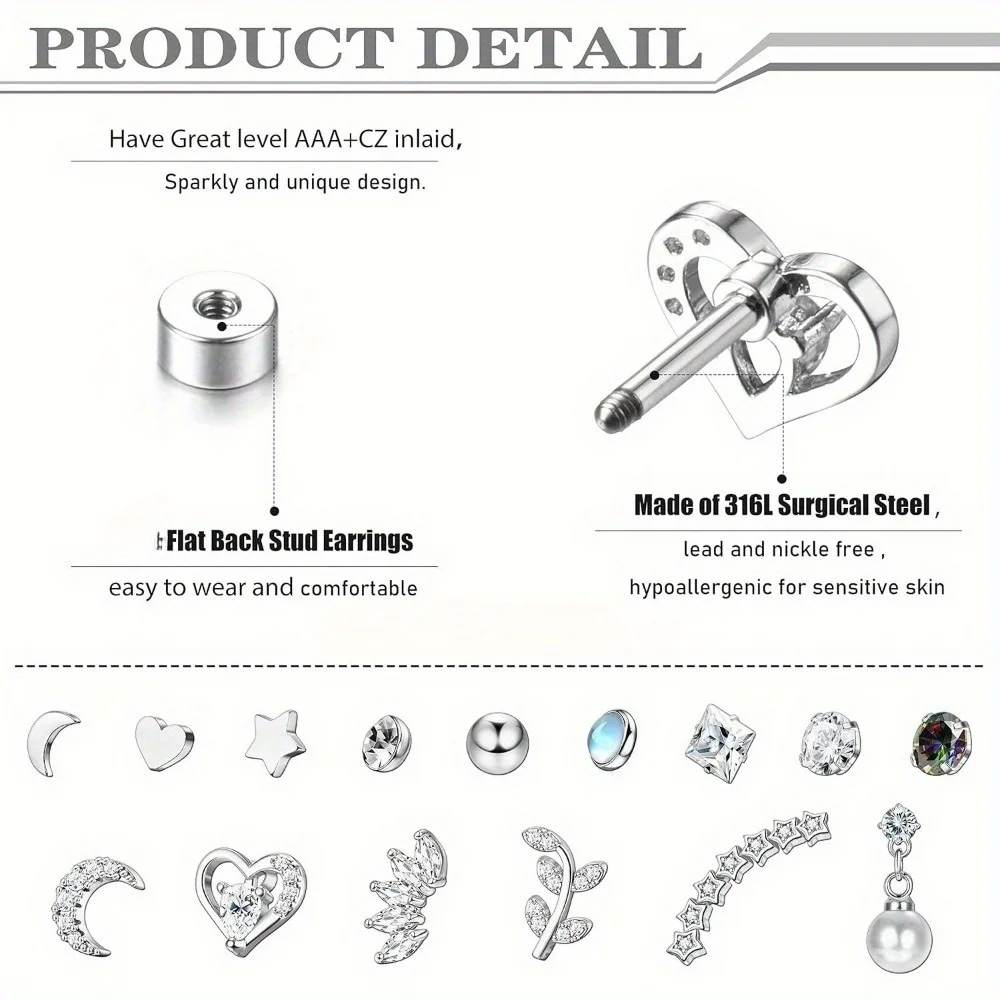 BESTEEL 1Pc Stainless Steel 16G Cartilage Stud Opal Star Tragus Earring Stud CZ Labret Studs Lip Bar Nose Ear Piercing Jewellery