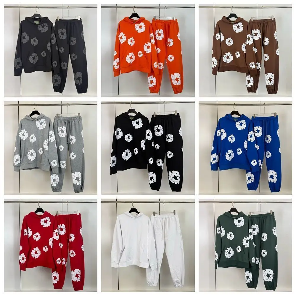 DENIM TEARS Top Quality New Men's Women's Same Foam Kapok Printing Pure Cotton Hooded Sweater Trousers Set