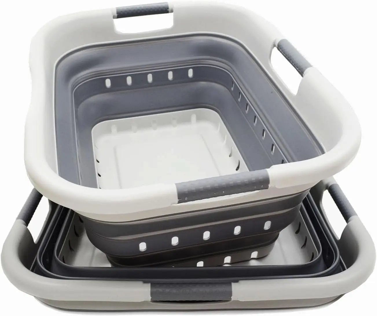 

2-Pack Foldable Laundry Baskets with 3 Handles, Collapsible Storage Container for Space Saving, Grey