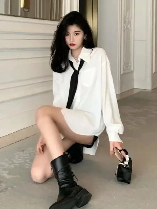 

Ele Loose Women's irt with Tie Preppy Sle White Casual Top Slimming Effect Polyester Fiber Long Sve Collar