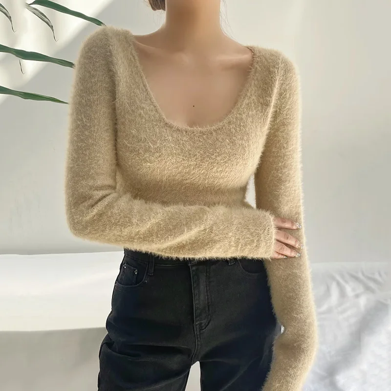 Body peludo cálido redondo Ne Long Sve ropa interior visón falso Sexy Base ajustada irt Street Sle Color puro invierno Faion