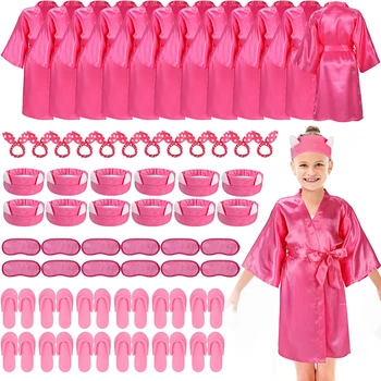 60 Stück Spa-Partyzubehör für Mädchen, Satin-Kimono-Robe, Einweg-EVA-Schaum-Hausschuhe, Augenmaske, Spa-Stirnband, Schleife, Haarband, Kindersalon
