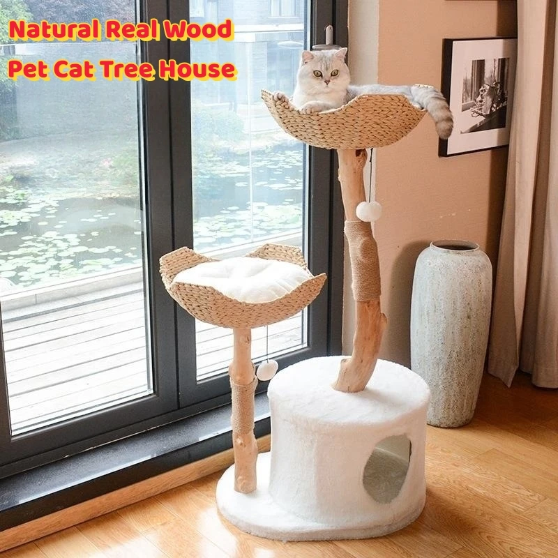 Natural Wood Cat Tree House Luxury Cat Climbing Frame With Rattan Woven Cat Bed And Sisal Rope Cat Scratching Posts Cat Supplies