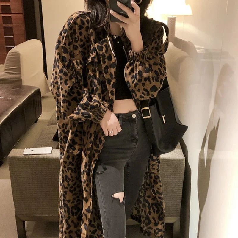 Chic Women's Leopard Printed Trench Coat Oversize Vintage Spring Turn Down Collar Corduroy Windbreaker Outwear Loose Cardigan