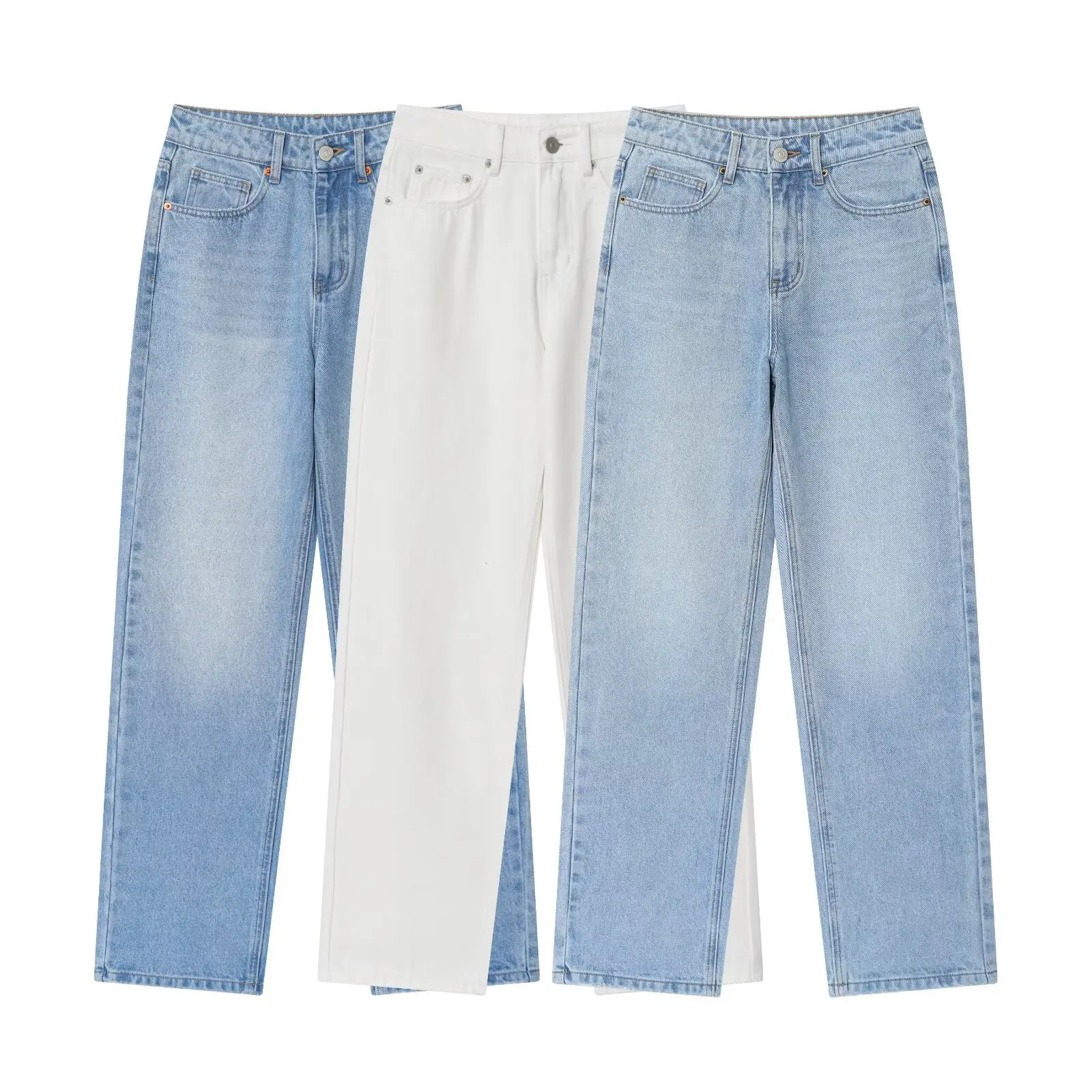 

Осень 2021. Женские широкие джинсы. Универсальный дизайн с высокой талией. Джинсы Sensation. Длинные брюки прямого кроя. Светлый цвет.