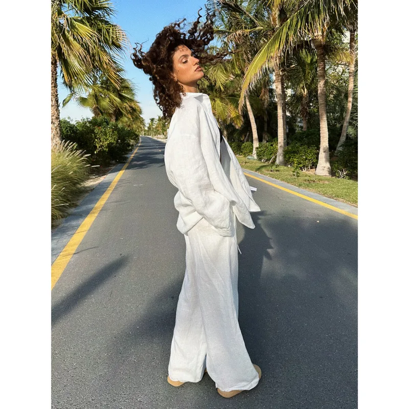 Spring Summer New Arrival Loose-Fit Long-Sleeved Cotton Shirt Casual Elastic-Waist Trousers Fashion Women's Shirt Two-Piece Set